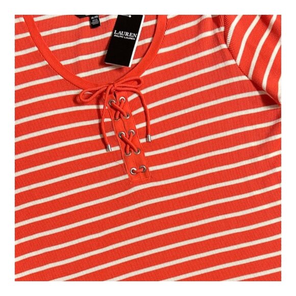 NEW-Ralph Lauren XL Womens Top Waffle-Knit Orange Striped Puff-Sleeve Shirt-$79 - Picture 6 of 11